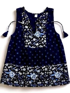 Old Navy Top Peasant Blouse Shirt Boho Blue Floral Tasseled Size M